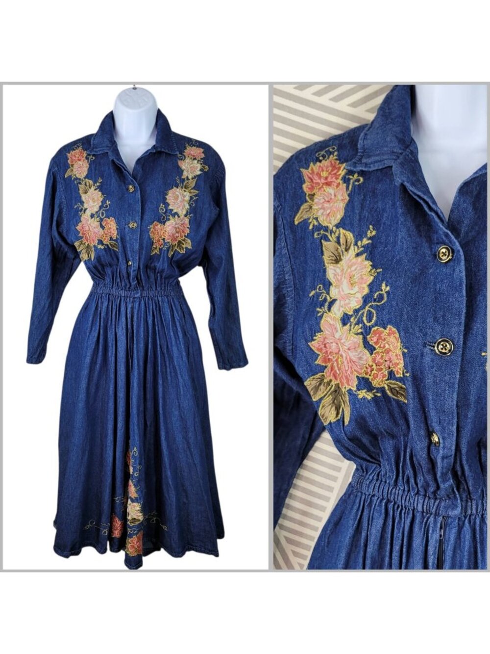 Vintage Denim Shirt Dress Small Medium Jean Pockets Long Floral Embellished Alt